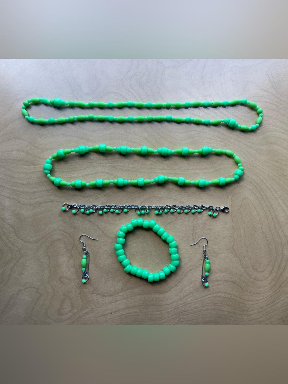 Neon Green Bead Jewelry Set - Necklace, Bracelet & Earrings